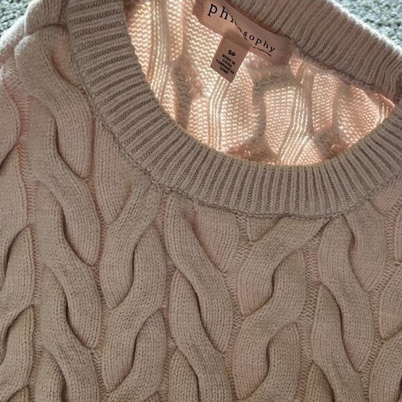 Cream/Baby Pink Small Cable Knit Sweater with Ribbed Neckline - Picture 3 of 6